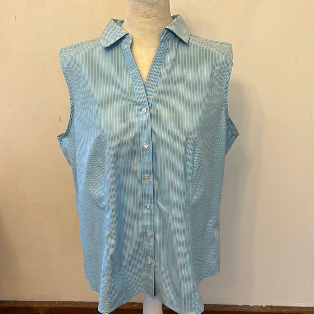 Talbots blue striped sleeveless wrinkle resistant blouse Size 16 P New